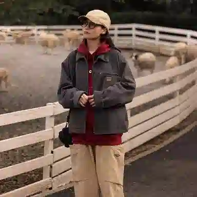 桴生 日系工装时尚底特律复古水洗纯色翻领宽松百搭拉链长袖夹克外套 女款