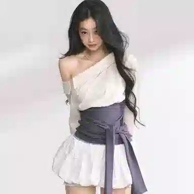 桴生 韩模顶配法式斜肩辣妹收腰显瘦设计感通勤衬衫裙长袖连衣裙 女款