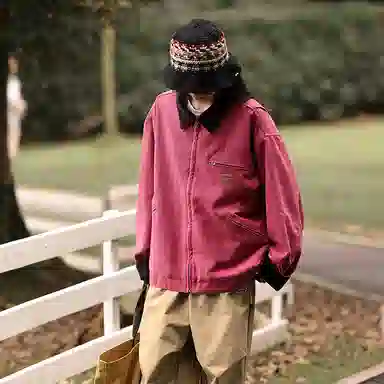 桴生 日系工装时尚底特律复古水洗纯色翻领宽松百搭拉链长袖夹克外套 女款