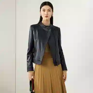 富铤 立领短款纯色皮衣 女款 黑色