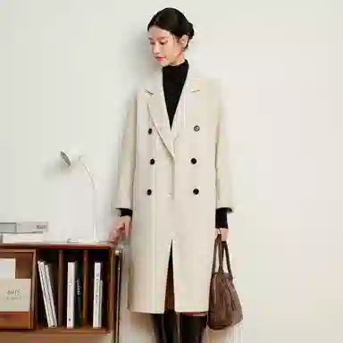 富铤 纯色简约西装领双排扣中长款大衣 女款