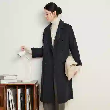 富铤 纯色简约西装领双排扣中长款大衣 女款