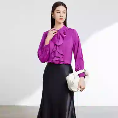 富铤 纯色立领荷叶边休闲长袖衬衫 女款