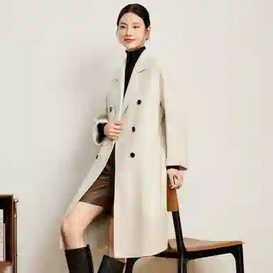 富铤 纯色简约西装领双排扣中长款大衣 女款