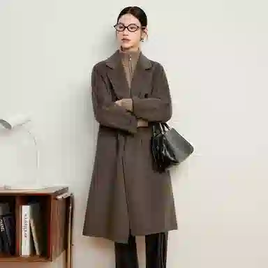 富铤 纯色简约西装领双排扣中长款大衣 女款