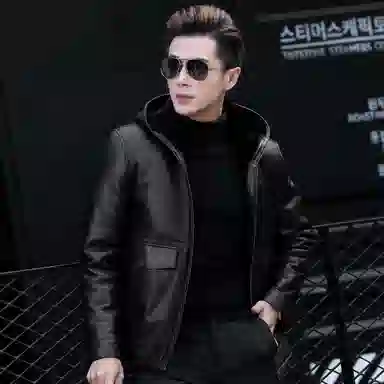 富铤 纯色简约皮毛一体休闲防风连帽真皮皮衣 男款 黑色