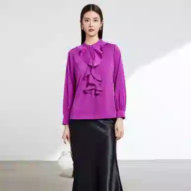 富铤 纯色立领荷叶边休闲长袖衬衫 女款
