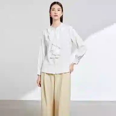 富铤 纯色立领荷叶边休闲长袖衬衫 女款