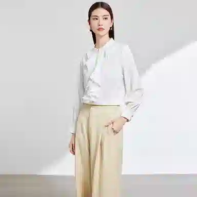 富铤 纯色立领荷叶边休闲长袖衬衫 女款