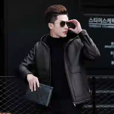 富铤 纯色简约皮毛一体休闲防风连帽真皮皮衣 男款 黑色