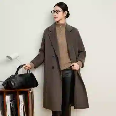 富铤 纯色简约西装领双排扣中长款大衣 女款