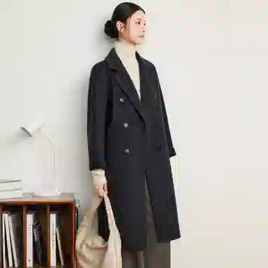 富铤 纯色简约西装领双排扣中长款大衣 女款