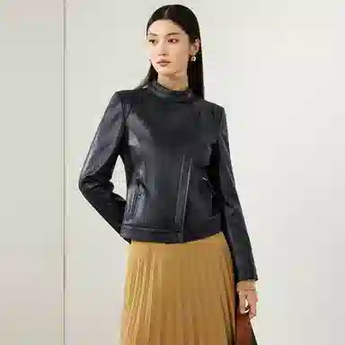 富铤 立领短款纯色皮衣 女款 黑色