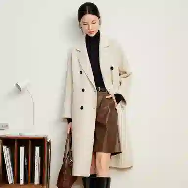 富铤 纯色简约西装领双排扣中长款大衣 女款