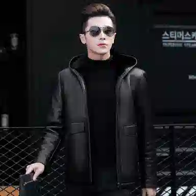 富铤 纯色简约皮毛一体休闲防风连帽真皮皮衣 男款 黑色