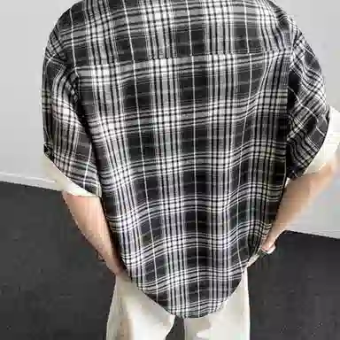 松岚 格子多巴胺美式复古青春翻领活力舒适百搭文艺风短袖衬衫 男女同款