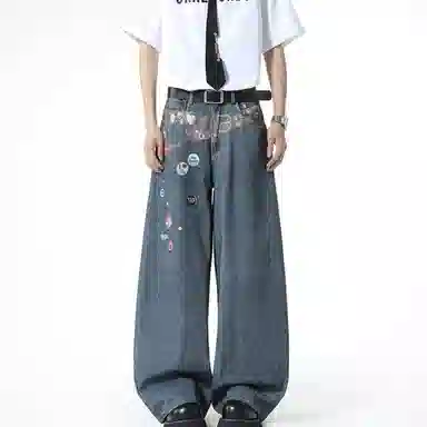 松岚 印花设计感美式复古无性别主义时尚百搭舒适透气痞帅牛仔裤 男女同款