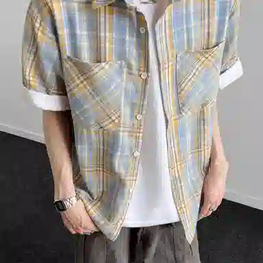 松岚 格子多巴胺美式复古青春翻领活力舒适百搭文艺风短袖衬衫 男女同款