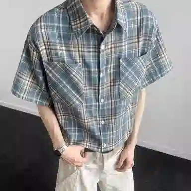 松岚 格子多巴胺美式复古青春翻领活力舒适百搭文艺风短袖衬衫 男女同款