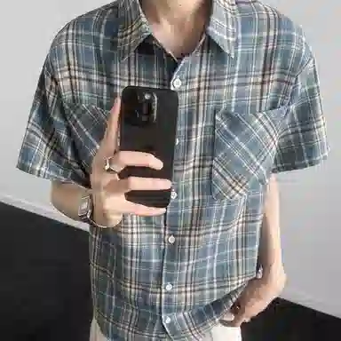 松岚 格子多巴胺美式复古青春翻领活力舒适百搭文艺风短袖衬衫 男女同款