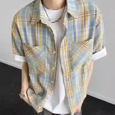 松岚 格子多巴胺美式复古青春翻领活力舒适百搭文艺风短袖衬衫 男女同款