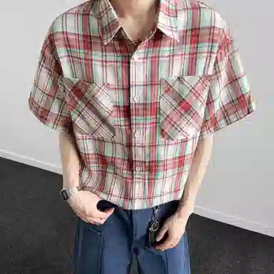 松岚 格子多巴胺美式复古青春翻领活力舒适百搭文艺风短袖衬衫 男女同款
