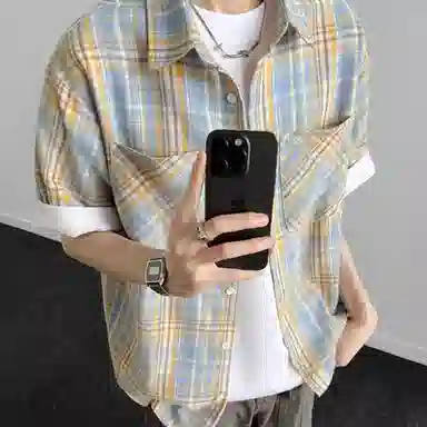 松岚 格子多巴胺美式复古青春翻领活力舒适百搭文艺风短袖衬衫 男女同款
