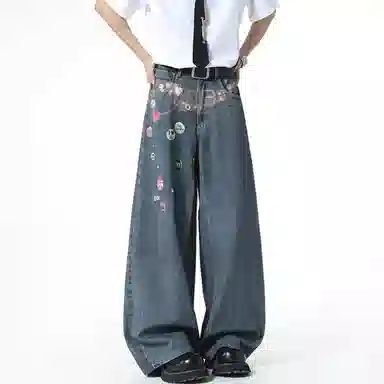 松岚 印花设计感美式复古无性别主义时尚百搭舒适透气痞帅牛仔裤 男女同款
