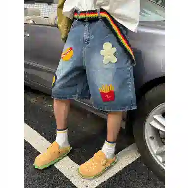 松岚 美式复古高街水洗卡通创意毛巾绣小众设计潮流时尚阔腿户外日常宽松透气通勤柔顺舒适透气五分休闲牛仔短裤 男女同款