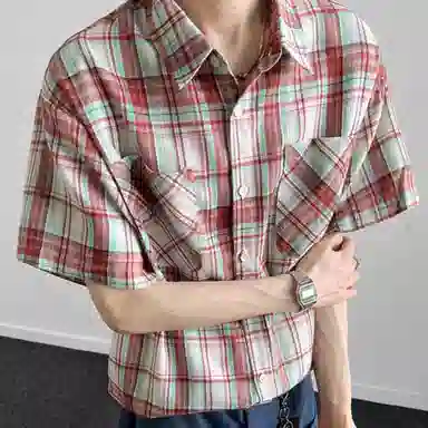松岚 格子多巴胺美式复古青春翻领活力舒适百搭文艺风短袖衬衫 男女同款