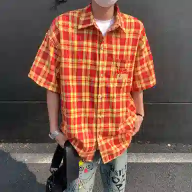 松岚 街头美式嘻哈撞色格纹字母刺绣设计感中性酷飒痞帅个性无性别主义宽松百搭户外日常通勤单排扣开衫短袖衬衫 男女同款