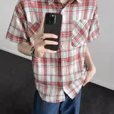 松岚 格子多巴胺美式复古青春翻领活力舒适百搭文艺风短袖衬衫 男女同款