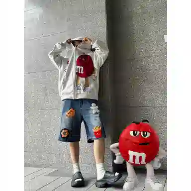 松岚 美式复古高街水洗卡通创意毛巾绣小众设计潮流时尚阔腿户外日常宽松透气通勤柔顺舒适透气五分休闲牛仔短裤 男女同款