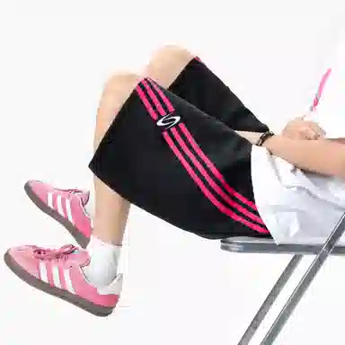 松岚 时尚潮流美式复古三条杠织带拼接设计感松紧腰抽绳系带独特痞帅无性别主义简约纯色基础款宽松百搭舒适运动五分休闲短裤 男女同款