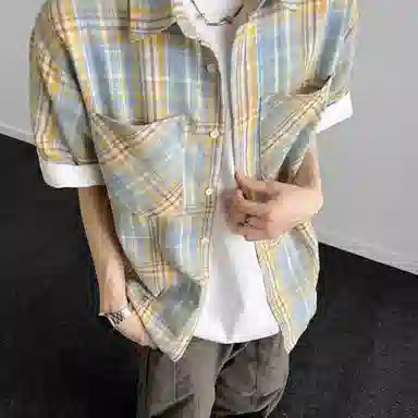 松岚 格子多巴胺美式复古青春翻领活力舒适百搭文艺风短袖衬衫 男女同款