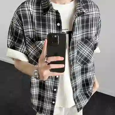 松岚 格子多巴胺美式复古青春翻领活力舒适百搭文艺风短袖衬衫 男女同款