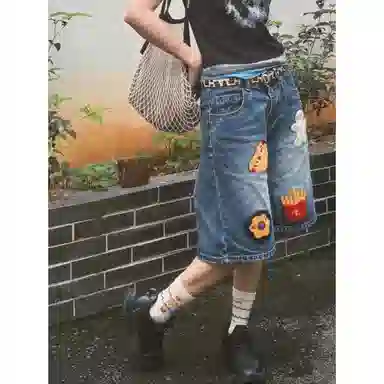 松岚 美式复古高街水洗卡通创意毛巾绣小众设计潮流时尚阔腿户外日常宽松透气通勤柔顺舒适透气五分休闲牛仔短裤 男女同款
