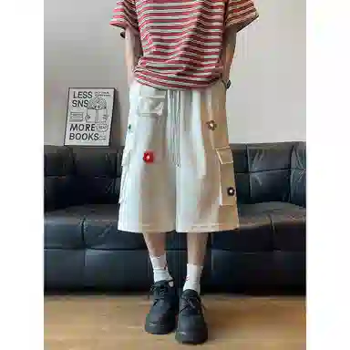 松岚 时尚潮流美式多口袋泡芙花创意设计感个性嘻哈经典简约纯色基础款松紧腰抽绳系带宽松百搭舒适透气直筒阔腿七分休闲短裤 男女同款