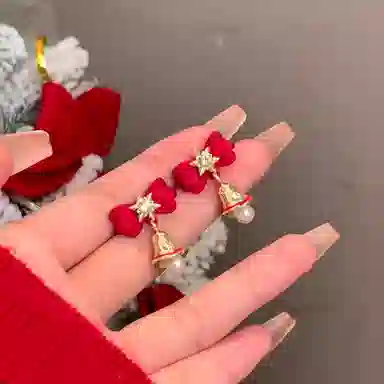 彤彤兔 韩系红色蝴蝶结耳钉女圣诞铃铛轻奢雪花氛围感 树脂 耳环 女款