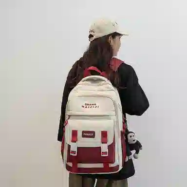 彤彤兔 美式复古撞色百搭 尼龙 双肩包 男女同款情侣款 黑色/蓝色/白红/卡其