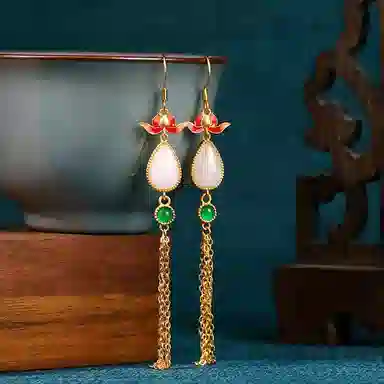 彤彤兔 高颜好运莲莲水滴流苏古风 铜 耳环 女款