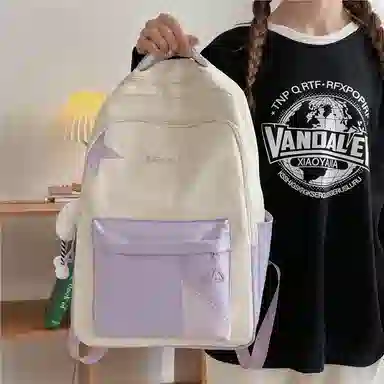 彤彤兔 撞色拼接 尼龙 双肩包 女款 紫色\蓝色\黑色\黄色\卡其色