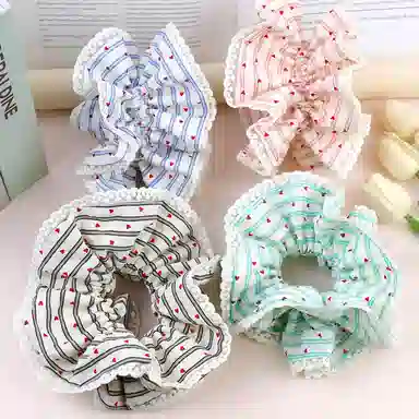 彤彤兔 赫本风波点爱心大肠圈细条纹双层蕾丝边小蛮腰扎马尾头花发饰 布料 发圈 女款