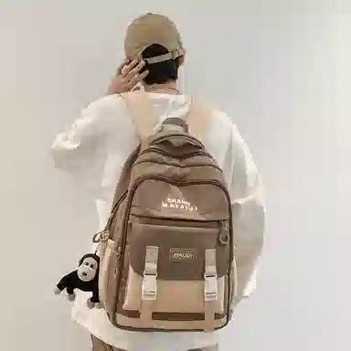 彤彤兔 美式复古撞色百搭 尼龙 双肩包 男女同款情侣款 黑色/蓝色/白红/卡其