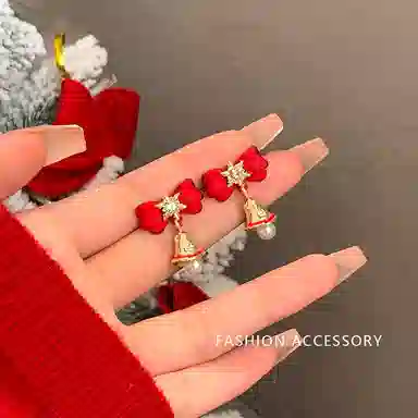 彤彤兔 韩系红色蝴蝶结耳钉女圣诞铃铛轻奢雪花氛围感 树脂 耳环 女款