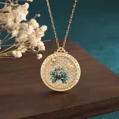 彤彤兔 国风景泰蓝珐琅彩绘莲花圆牌玉佩挂件复古 铜 项链 女款