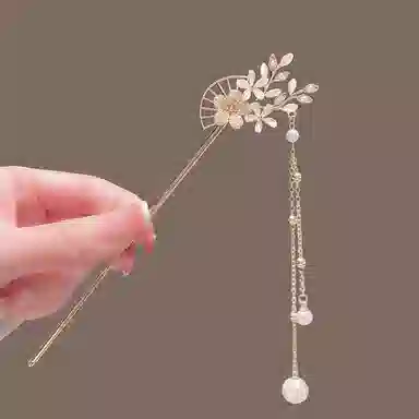 彤彤兔 后脑勺盘发汉服步摇钗子复古宫廷古装桃花扇子流苏 发簪 女款