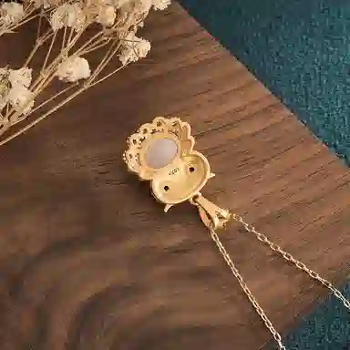 彤彤兔 宫廷风复古猫头鹰镀金吊坠磨砂工艺 铜 人工宝石 项链 女款