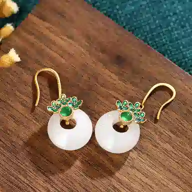 彤彤兔 宫廷风旗袍汉服花团锦簇平安扣复古 合成玉石 耳环 女款