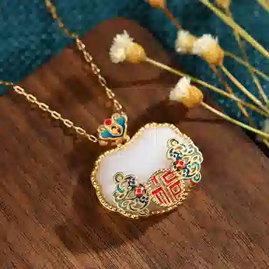 彤彤兔 国潮宫廷民族风饰品福气临门平安锁挂坠复古 铜 人工宝石 项链 女款